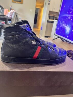 Gucci Black Leather High-Top Sneaker with Red and Green Web Stripe